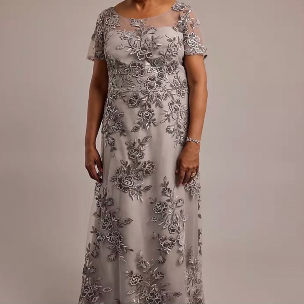Oleg Cassini Silver Sequin Off the Shoulder Gown
